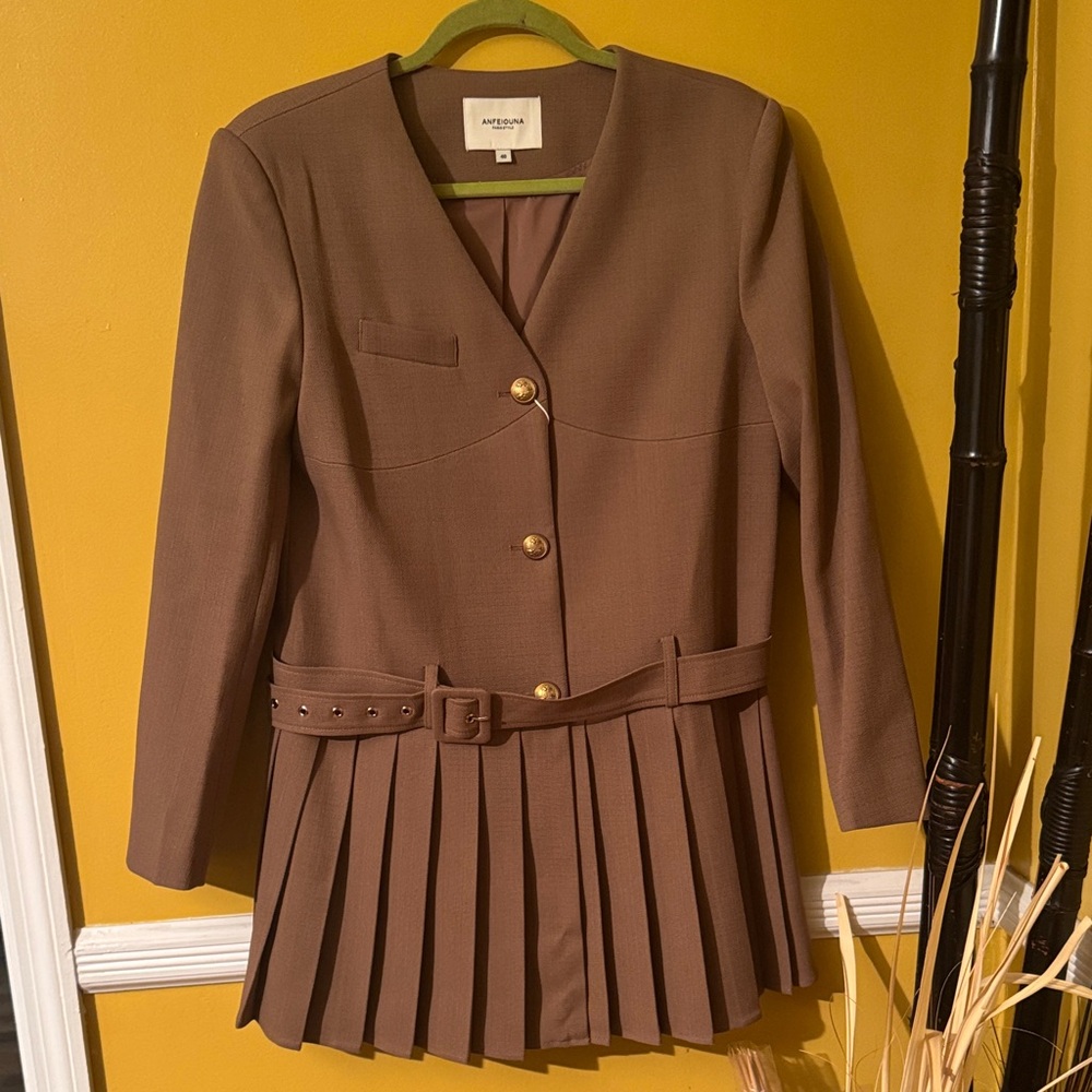 Pleated-Waist Belted Blazer Dress in Taupe